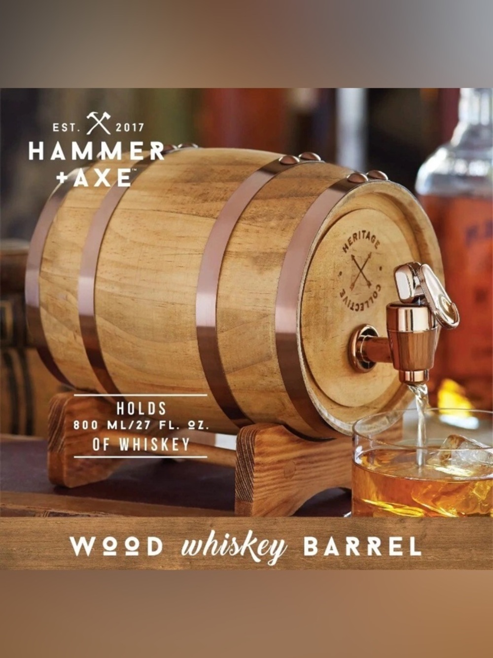Hammer + Axe Whiskey
Barrel 1L, 800ml/27 fl oz
Volume Vintage Wood Design